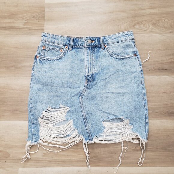 Zara Button Fly Distressed Fringed Hemline Denim Skirt Blue Size Large - Picture 9 of 9